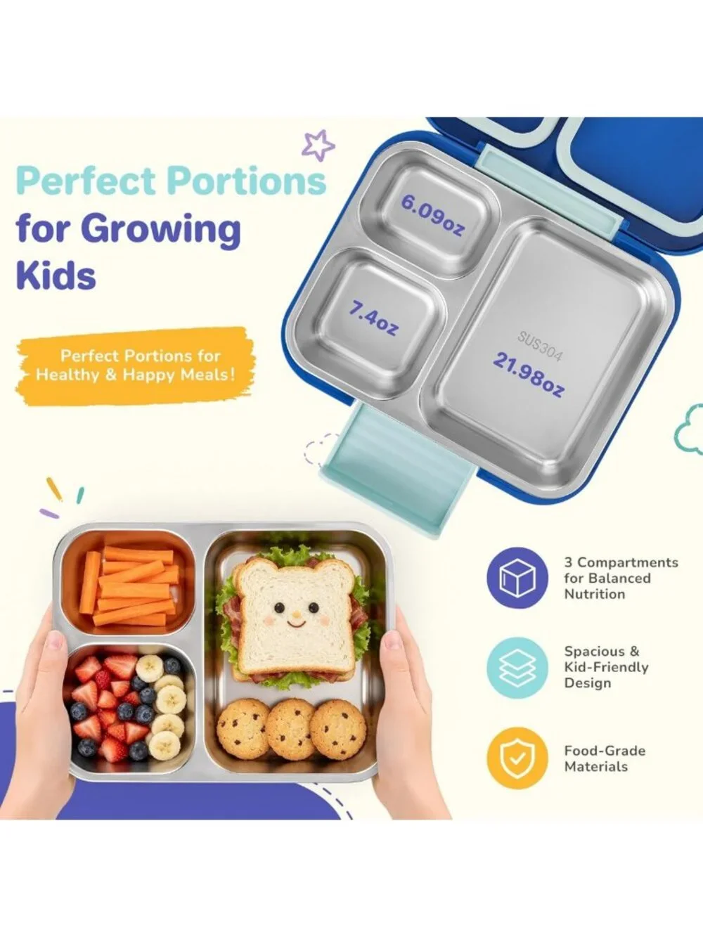 Durable Kids Bento Lunch Box - 3 Compartment Stainless Steel Food Container